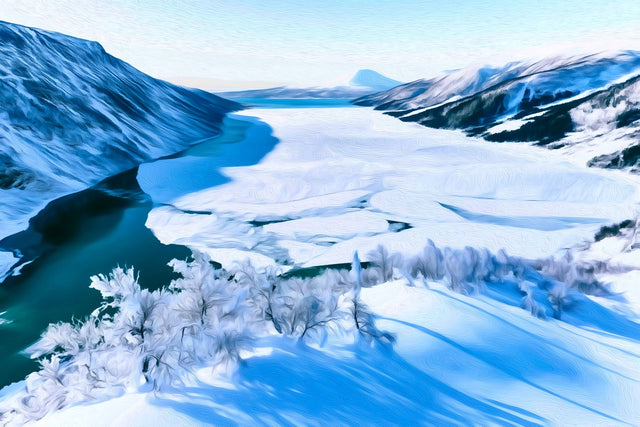 Abisko Canyon Winter River, Abisko watercolor canvas