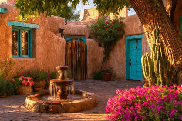 Old Town Adobe Courtyard Fountain, Albuquerque Old Town watercolor canvas