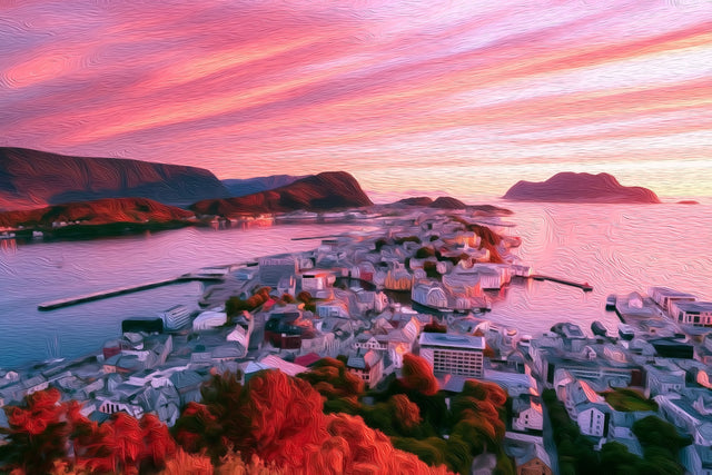 Ålesund Coastal City Panorama, Alesund watercolor canvas