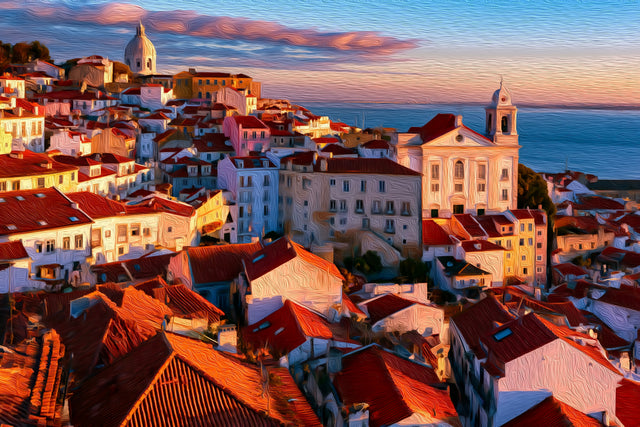 Alfama District Lisbon Rooftops, Lisbon watercolor canvas