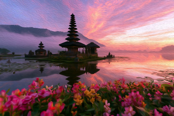 Pura Ulun Danu Bratan Temple, Bali watercolor canvas