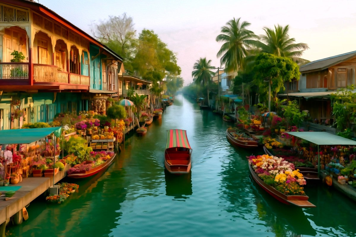 Bangkok Floating Market Canal gallery canvas, unframed and in an espresso floating frame — Bangkok, Thailand