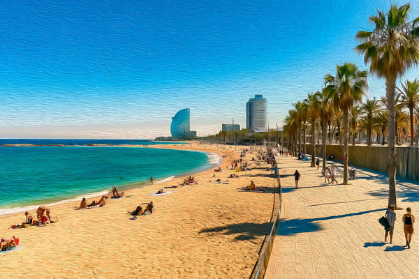 Barceloneta Beach Promenade, Barcelona watercolor canvas