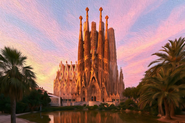 Hillside Basilica Sunset Barcelona, Barcelona watercolor canvas
