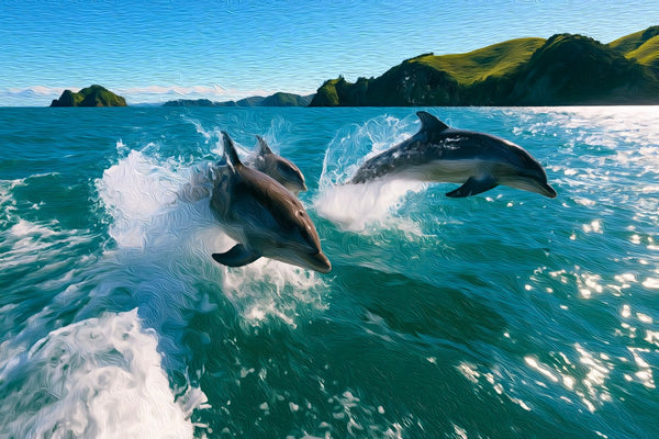 Bay of Islands Dolphins Leaping, Bay of Islands watercolor canvas