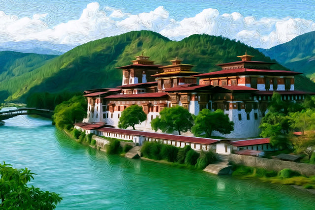 Punakha Dzong Monastery, Bhutan watercolor canvas