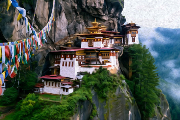 Tiger's Nest Monastery Cliffside, Bhutan Paro Valley watercolor canvas