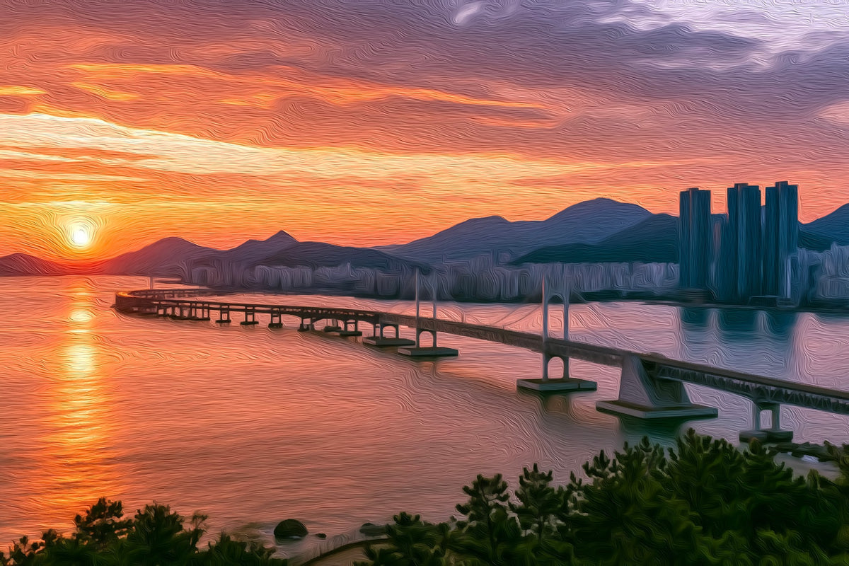 Gwangan Bridge Coastal Sunset gallery canvas, unframed and in an espresso floating frame — Busan, South Korea
