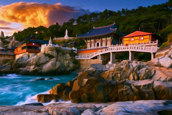 Haedong Yonggungsa Temple Coastline, Busan watercolor canvas