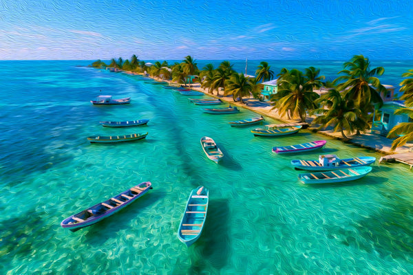 Tropical Island Boats Anchorage, Caye Caulker watercolor canvas