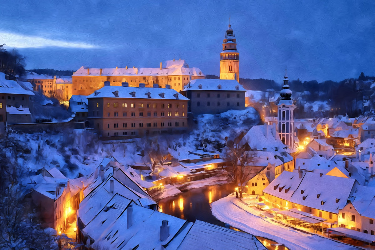 Cesky Krumlov Castle Winter gallery canvas, unframed and in an espresso floating frame — Cesky Krumlov, Czech Republic