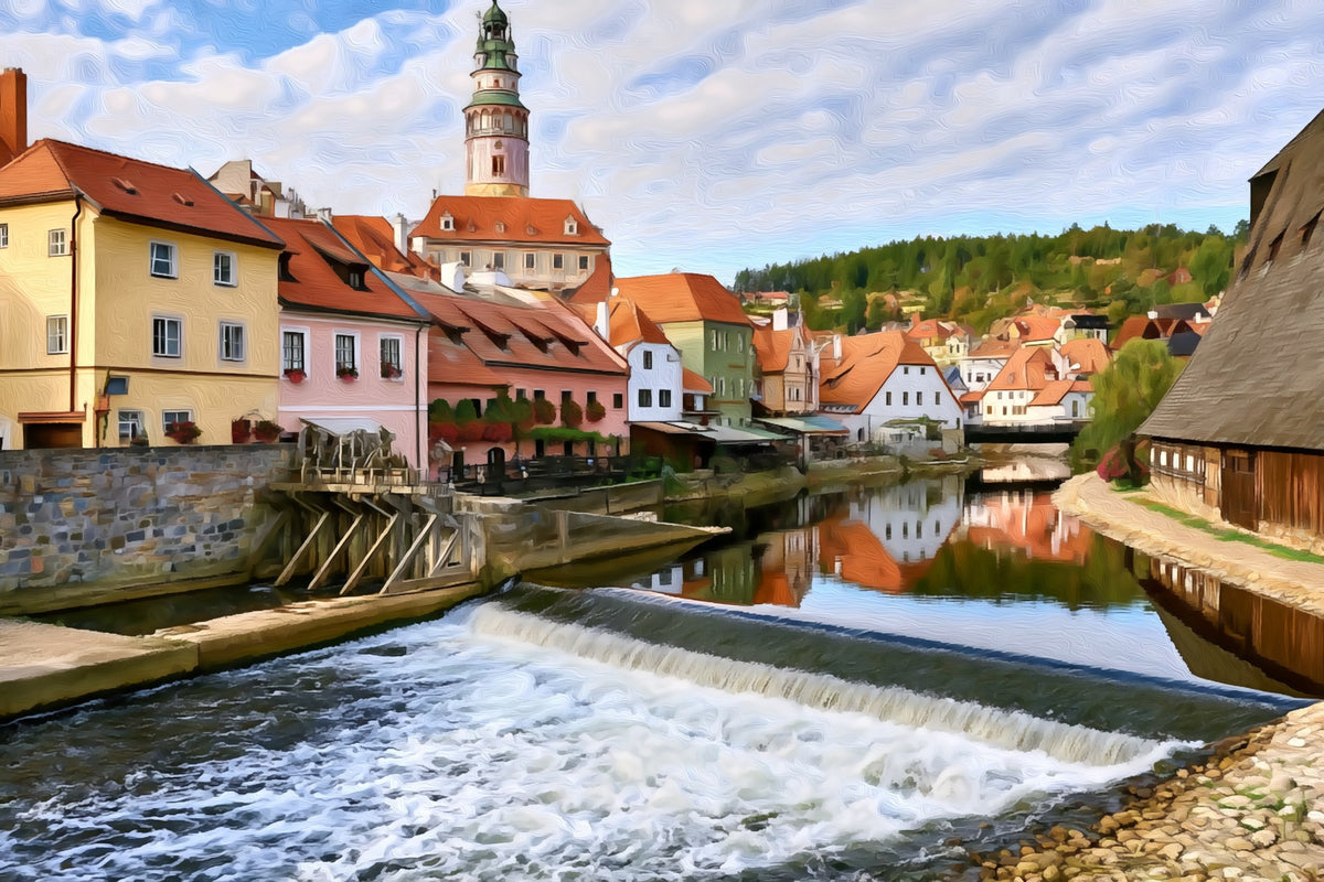 Cesky Krumlov Castle Tower Weir gallery canvas, unframed and in an espresso floating frame — Cesky Krumlov, Czech Republic