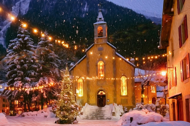 Chamonix Village Chapel Christmas, Chamonix watercolor canvas