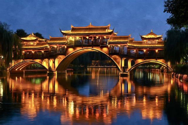 Fenghuang Ancient Town Bridge, Chengdu watercolor canvas