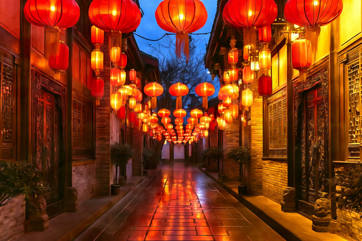 Jinli Ancient Street Lanterns gallery canvas, unframed and in an espresso floating frame — Chengdu, China