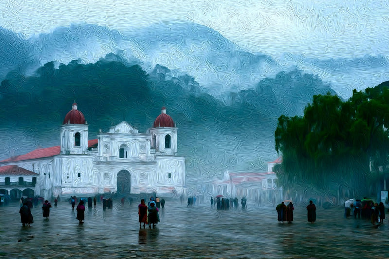 Misty Cathedral Plaza Scene, Cobán canvas