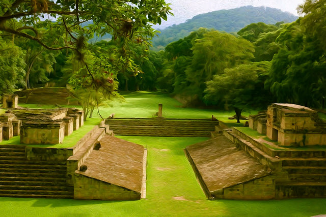 Copan Ball Court Ruins, Copan Ruins watercolor canvas