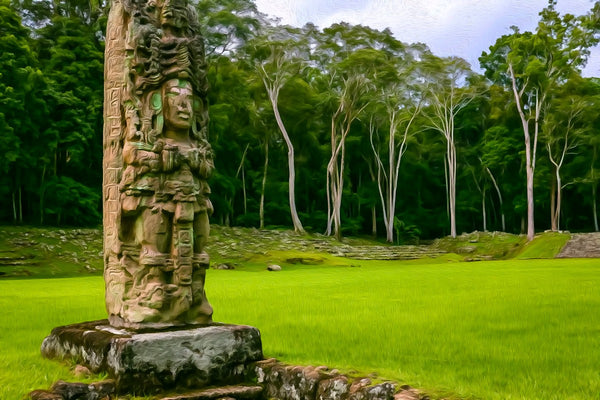 Copan Stelae Ancient Ruins, Copan Ruins watercolor canvas