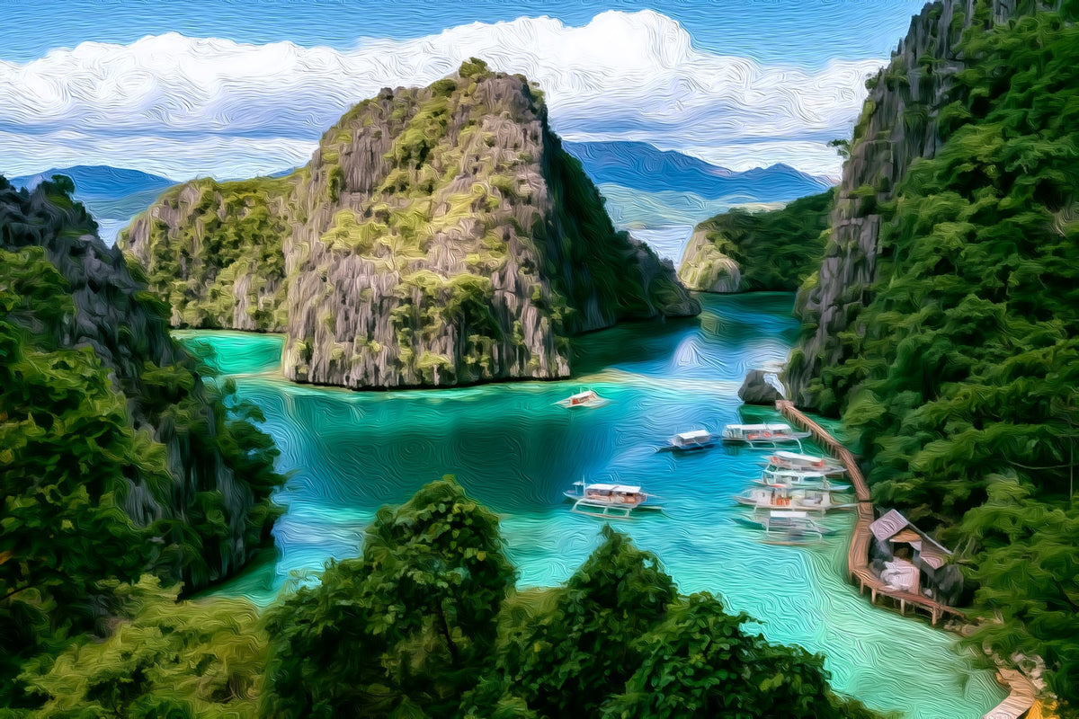 Kayangan Lake Limestone Cliffs gallery canvas, unframed and in an espresso floating frame — Coron, Philippines