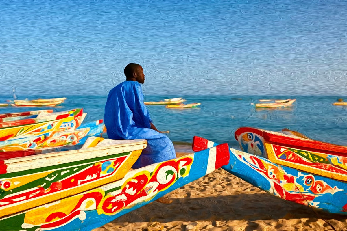 Dakar Fishing Beach Pirogues gallery canvas, unframed and in an espresso floating frame — Dakar, Senegal