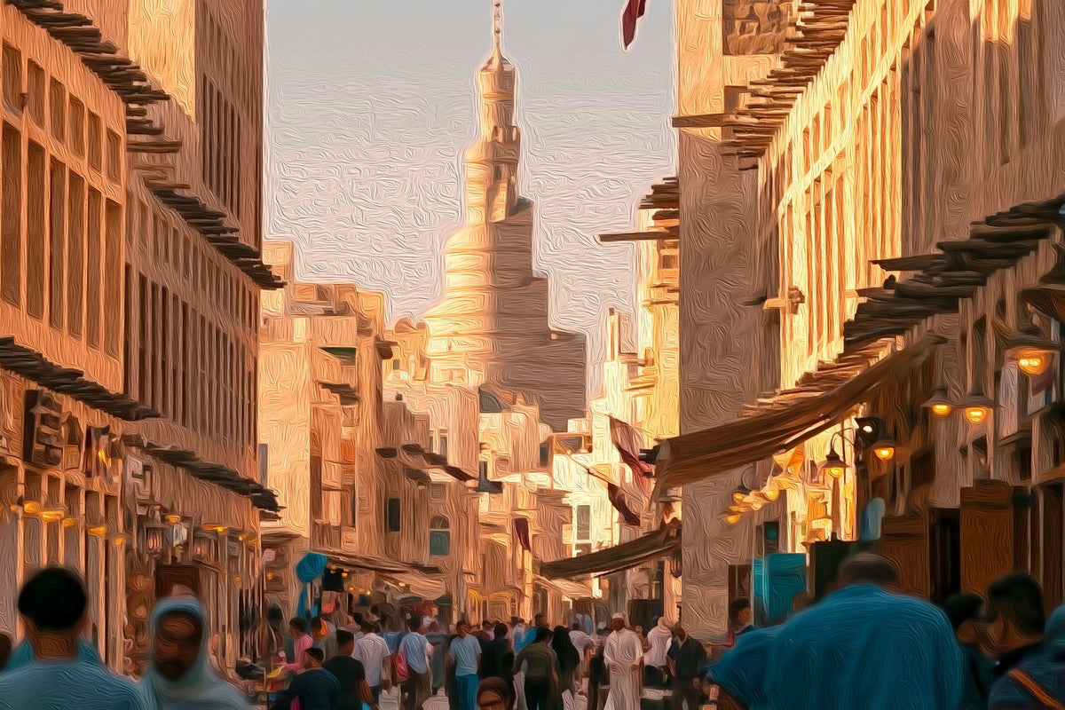 Souq Waqif Spiral Minaret gallery canvas, unframed and in an espresso floating frame — Doha, Qatar
