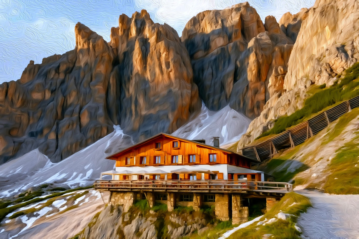 Dolomites Alpine Mountain Refuge gallery canvas, unframed and in an espresso floating frame — Dolomites, Italy