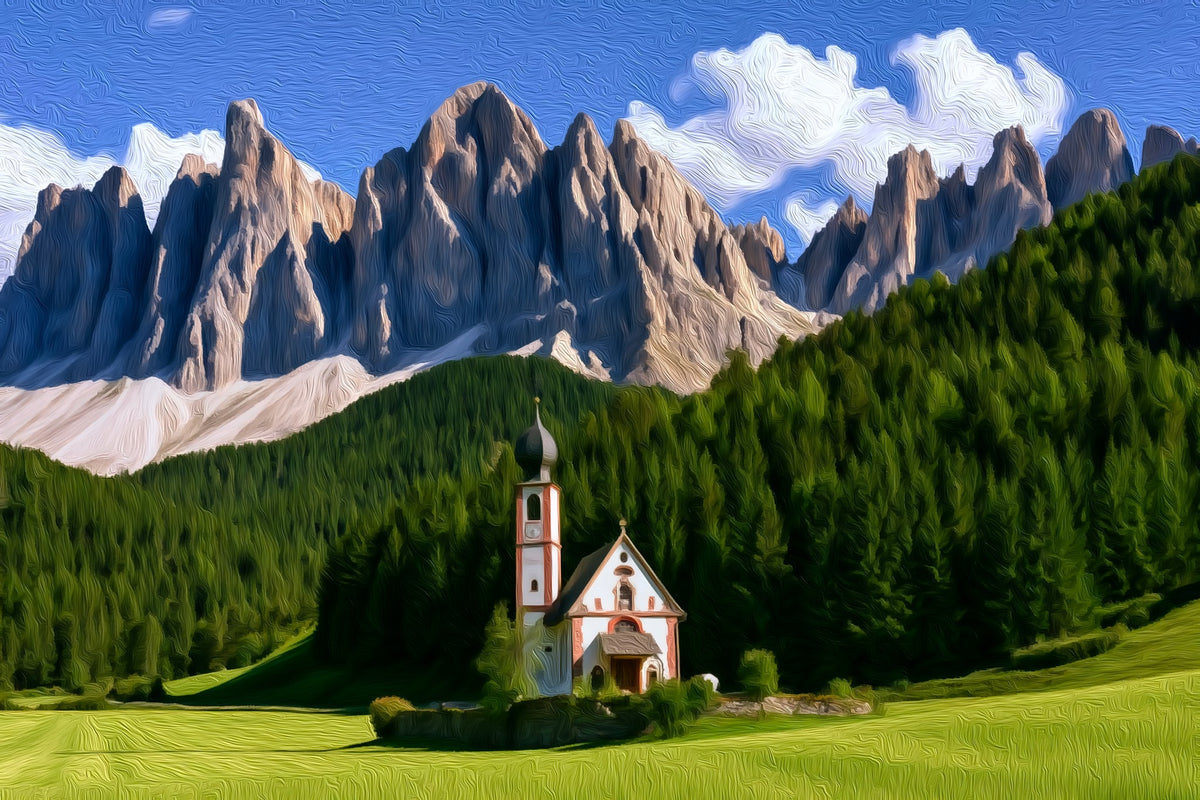 St. Johann Chapel Dolomites gallery canvas, unframed and in an espresso floating frame — Dolomites, Italy