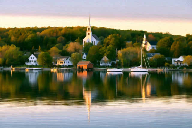 Door County Harbor Village, Door County watercolor canvas