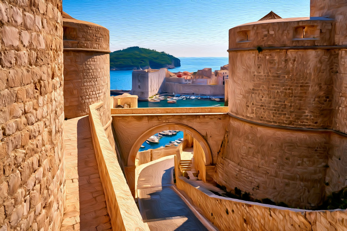 Dubrovnik City Walls Harbor Gate gallery canvas, unframed and in an espresso floating frame — Dubrovnik City Walls, Croatia