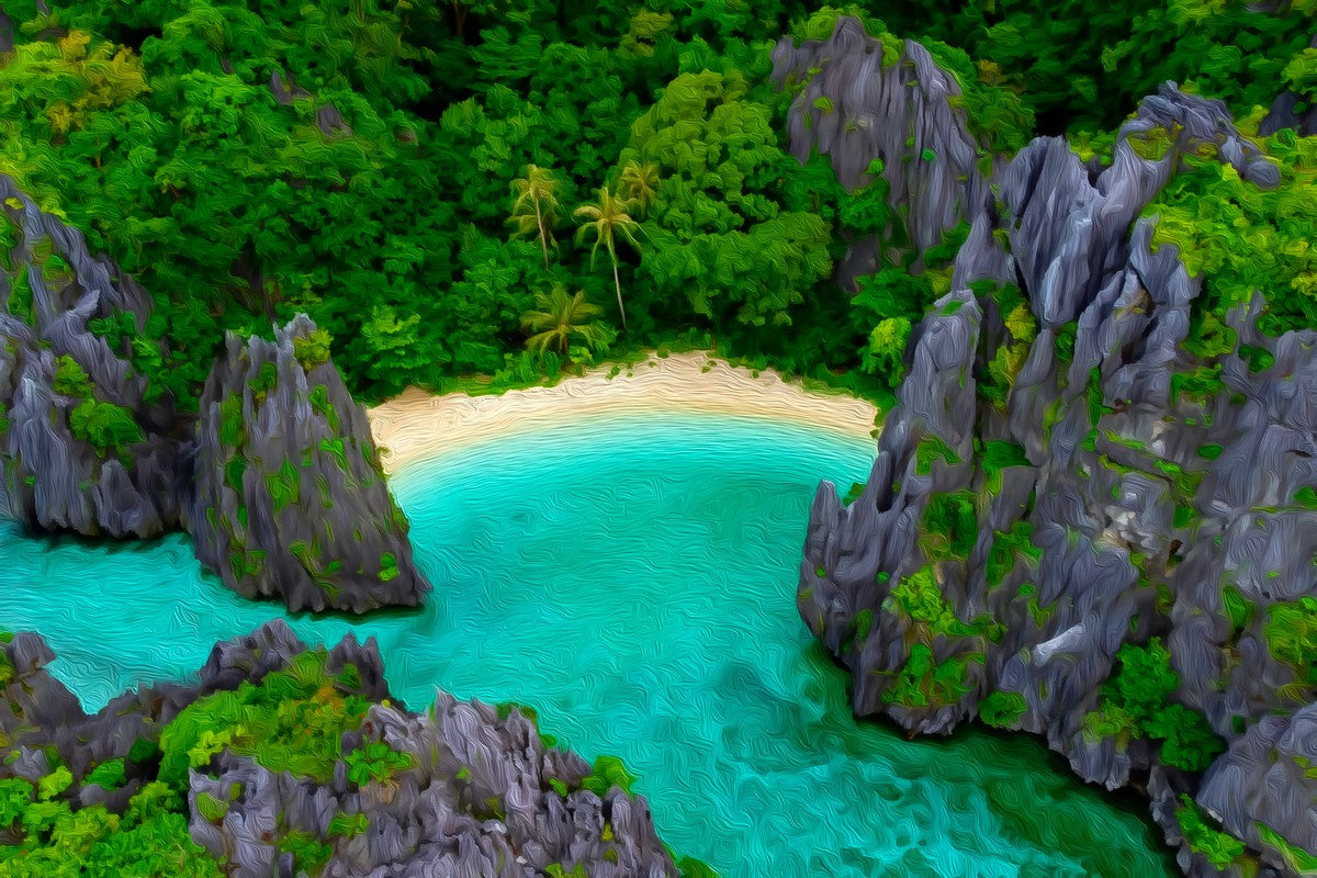 Hidden Lagoon Secret Beach gallery canvas, unframed and in an espresso floating frame — El Nido, Philippines