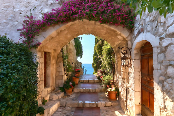 Eze Stone Archway Sea View, Eze watercolor canvas