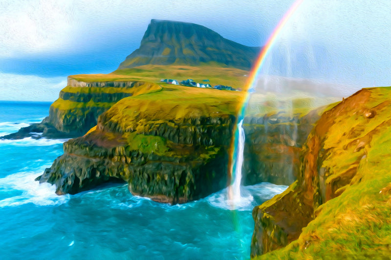 Gasadalur Waterfall Rainbow Cliffs, Faroe Islands canvas