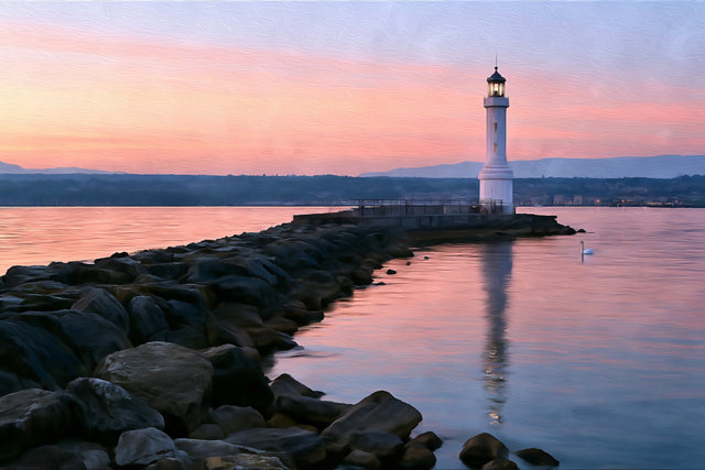 Geneva Lighthouse Rocky Jetty, Geneva watercolor canvas