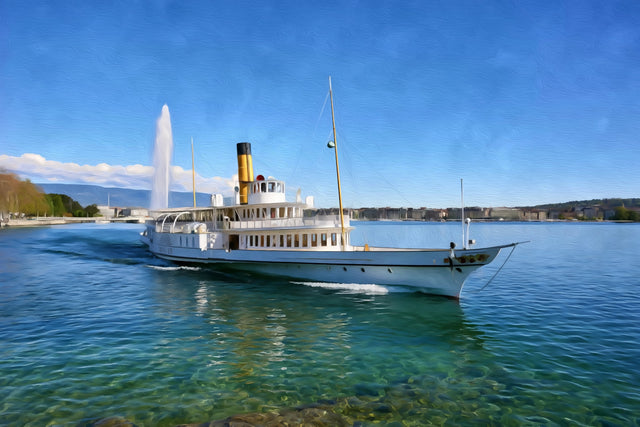 Lake Geneva Steamboat Jet d'Eau, Geneva watercolor canvas