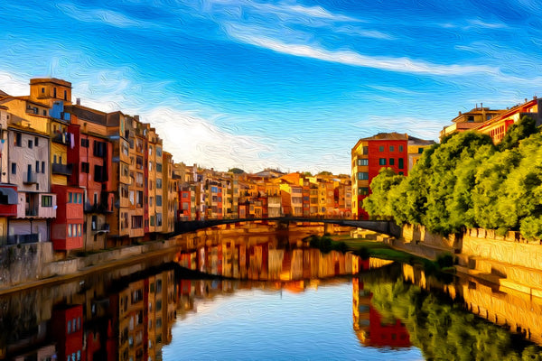 River Onyar Colorful Houses, Girona watercolor canvas