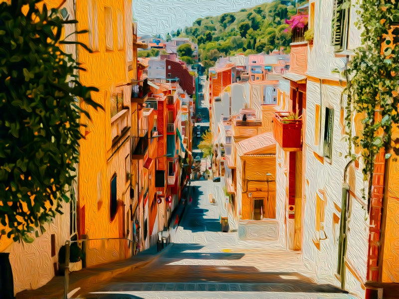 Colorful Hillside Village Street, Gracia canvas