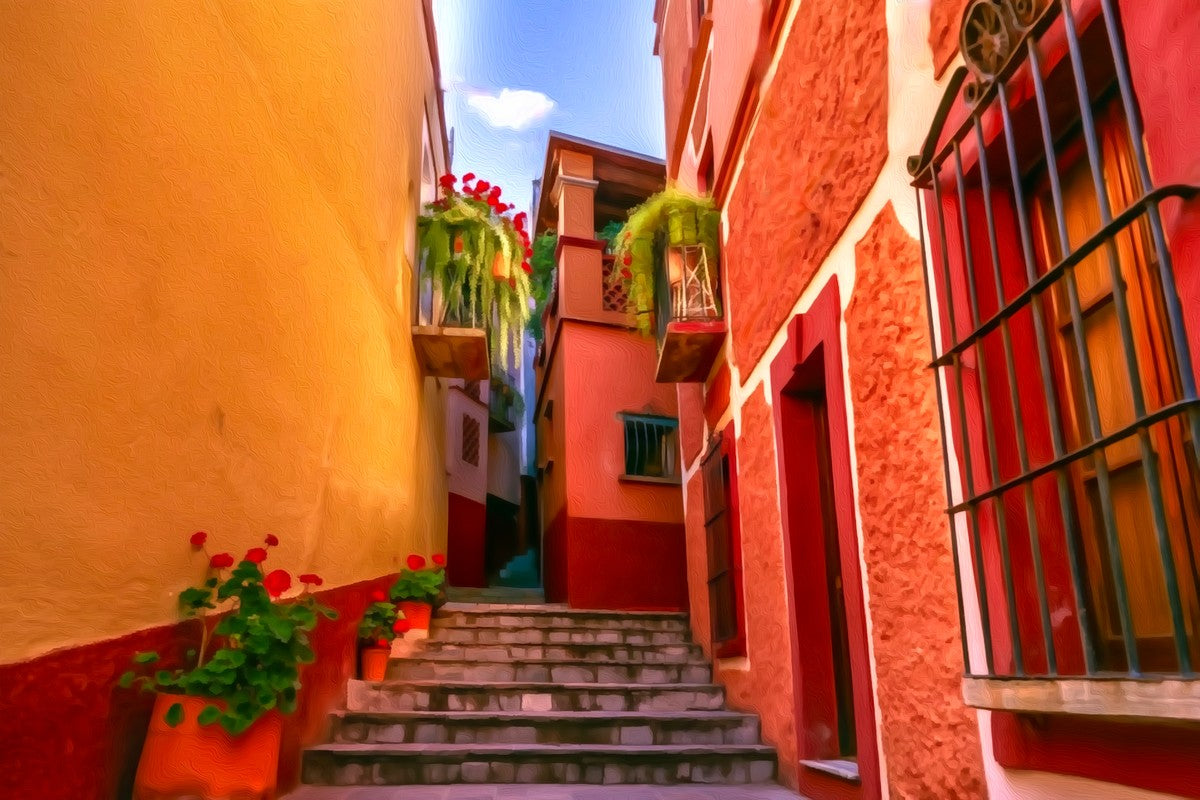 Guanajuato Colorful Alley Stairs gallery canvas, unframed and in an espresso floating frame — Guanajuato, Mexico