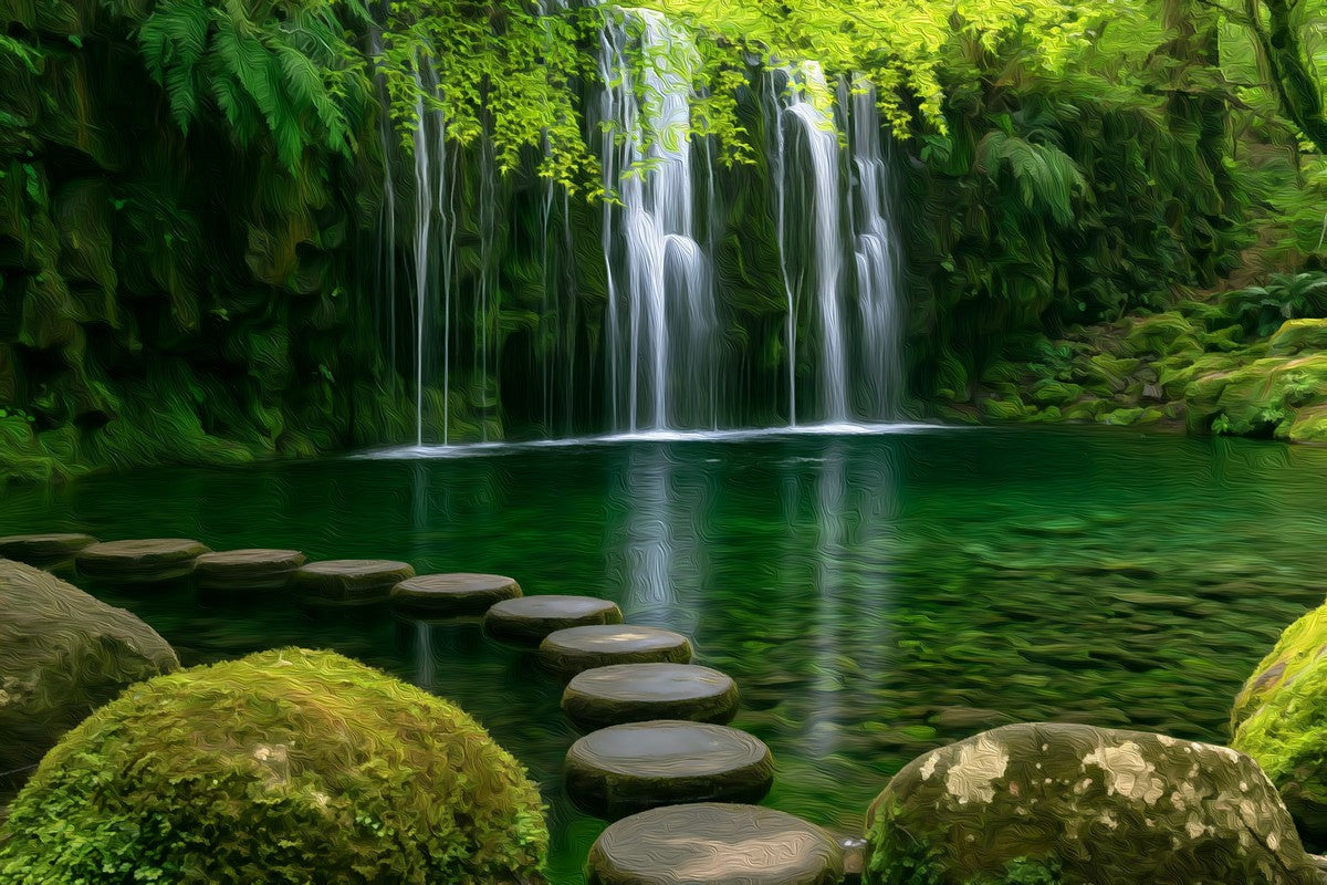 Hakone Garden Stepping Stones Waterfall gallery canvas, unframed and in an espresso floating frame — Hakone, Japan