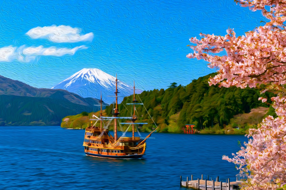 Lake Ashi Pirate Ship gallery canvas, unframed and in an espresso floating frame — Hakone, Japan