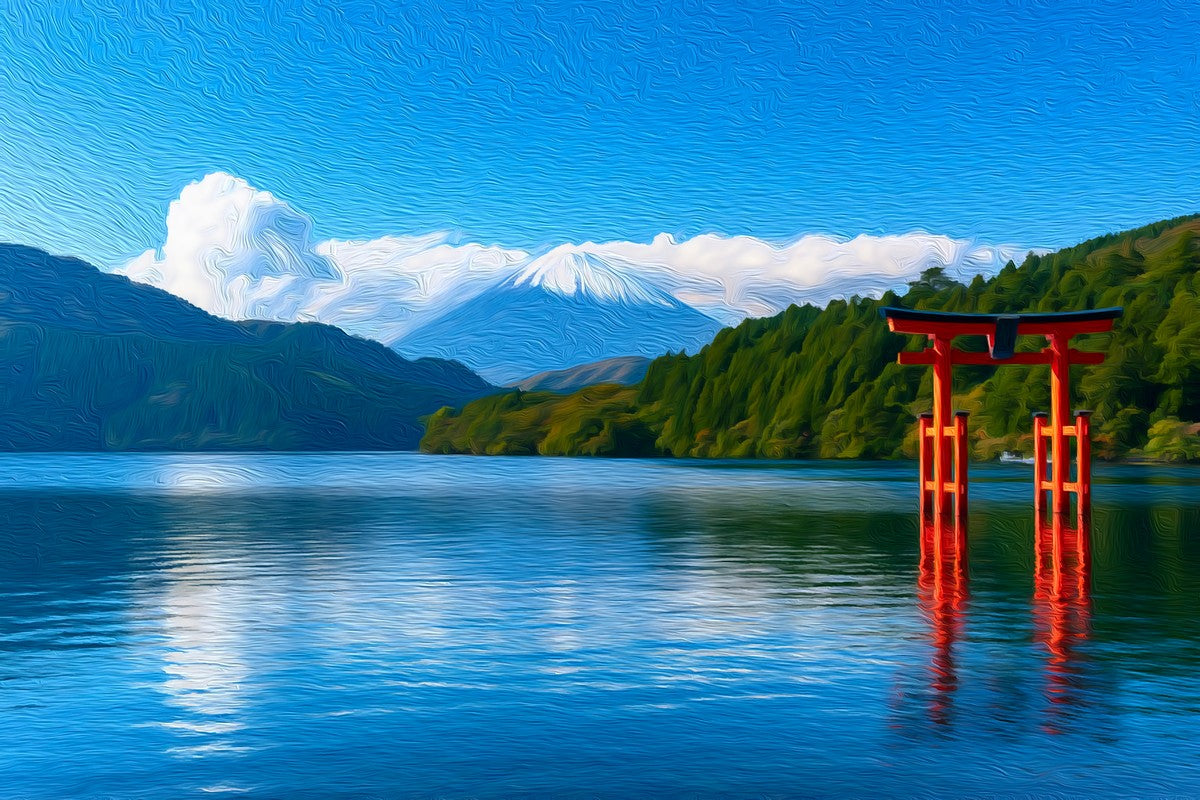 Hakone Lake Ashi Torii Gate gallery canvas, unframed and in an espresso floating frame — Hakone, Japan