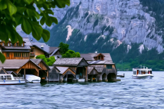 Hallstatt Lakeside Boathouses, Hallstatt watercolor canvas