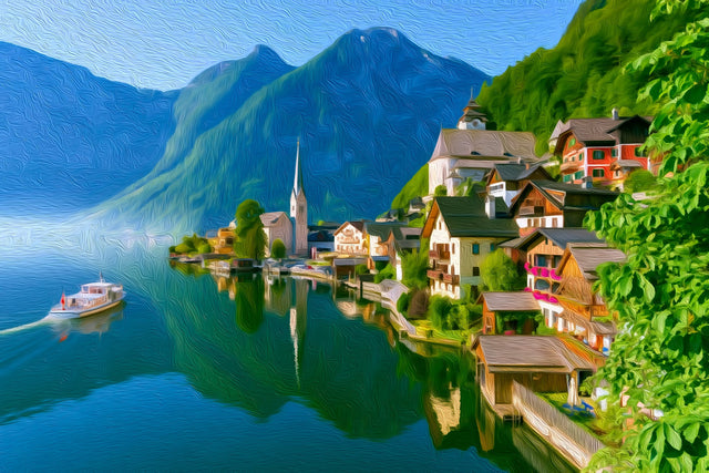 Hallstatt Lakeside Village Church, Hallstatt watercolor canvas