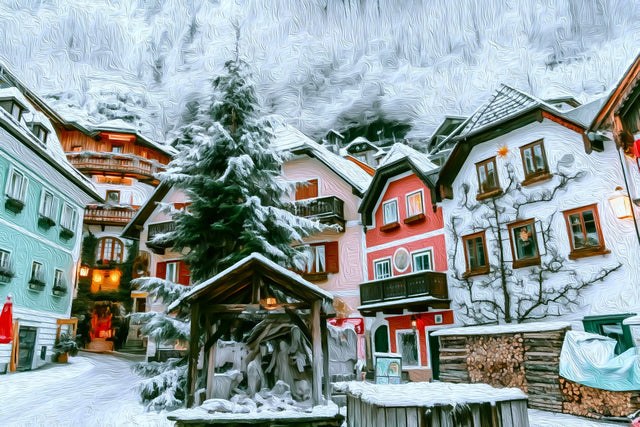 Hallstatt Market Square Nativity, Hallstatt watercolor canvas