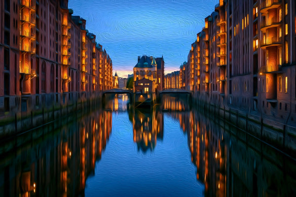 Speicherstadt Canal at Dusk, Hamburg watercolor canvas