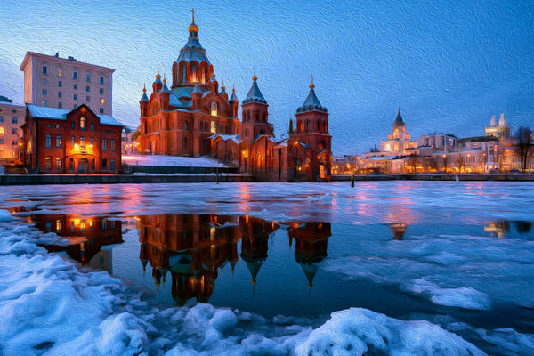 Uspenski Cathedral Winter Reflection, Helsinki watercolor canvas