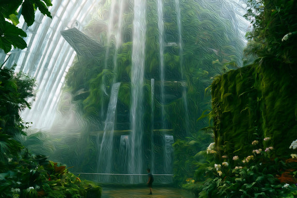 Indoor Waterfall Conservatory Singapore, Gardens by the Bay watercolor canvas