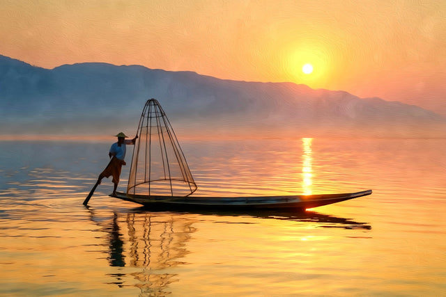 Inle Lake Leg-Rowing Fisherman, Inle Lake watercolor canvas