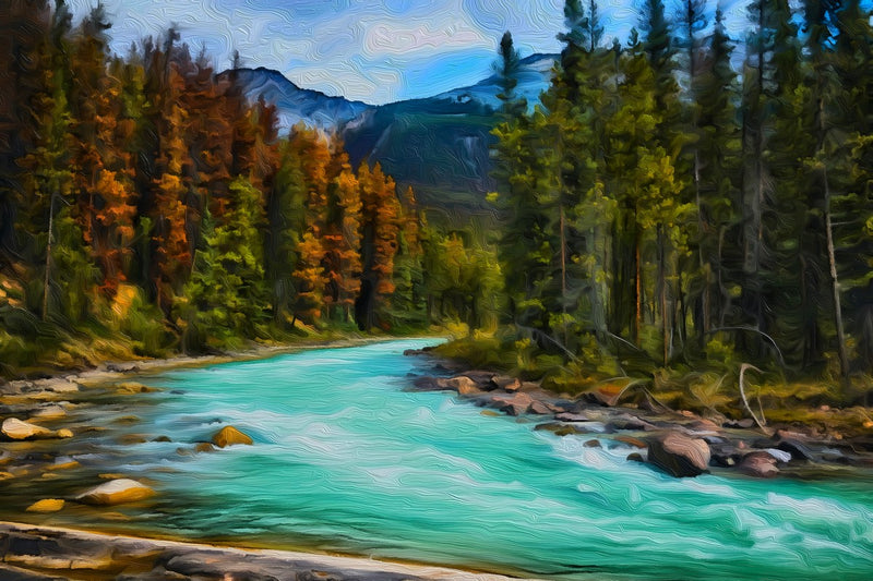 Mountain River Through Forest, Jasper canvas