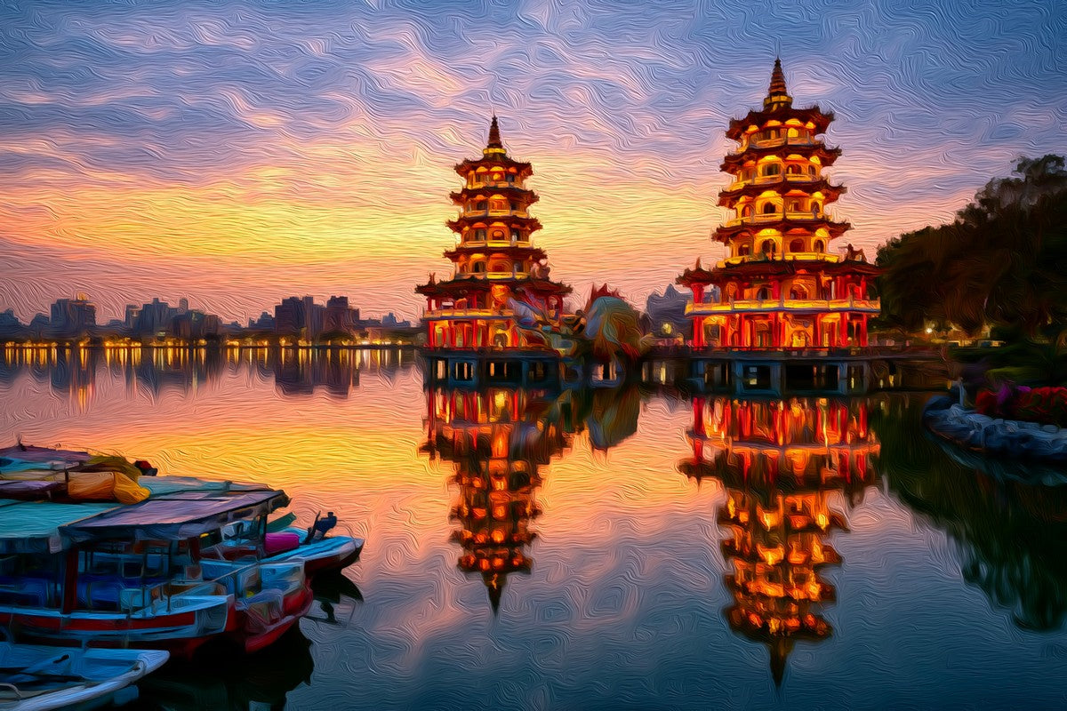 Dragon Tiger Pagodas at Dusk gallery canvas, unframed and in an espresso floating frame — Kaohsiung, Taiwan