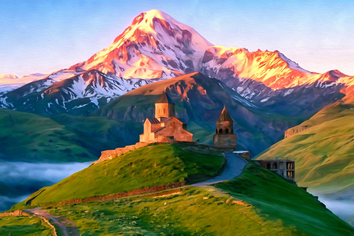 Gergeti Trinity Church Kazbegi gallery canvas, unframed and in an espresso floating frame — Kazbegi, Georgia